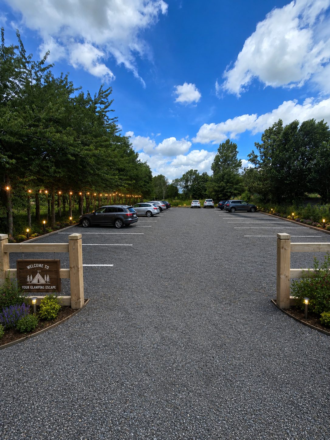 The tree-lined gravel car park and 'Welcome to your glamping escape' sign at the entrance to Furzehills